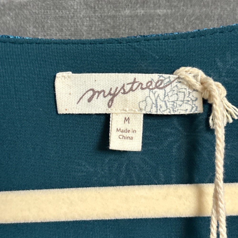 NEW Mystree Top M Teal Blue Pink Velvet Peplum Wrap Embroidered Balloon Cocktail - Picture 9 of 11